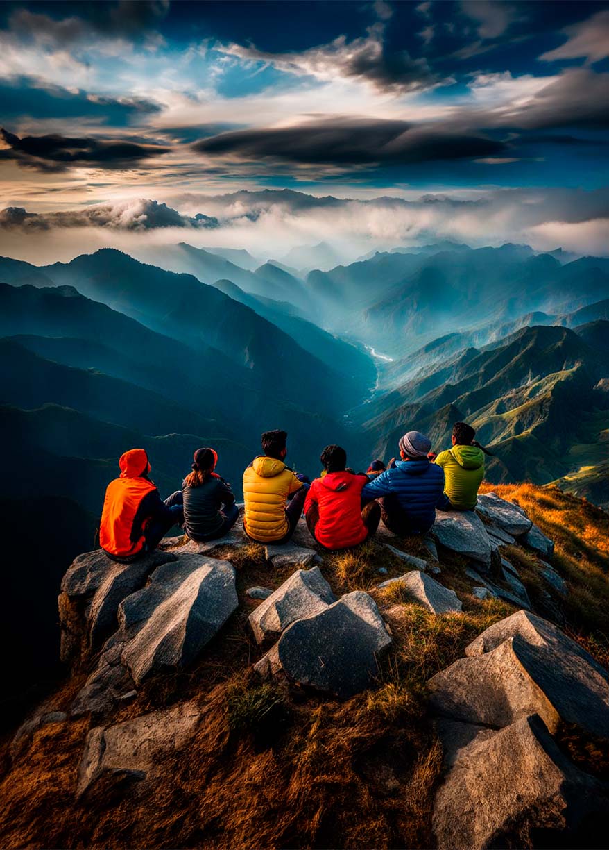 seis personas sentadas al borde de un acantilado mirando el horizonte lleno de nubes y montañas